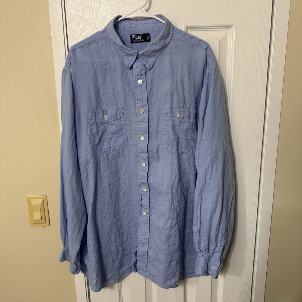 VTG Polo Ralph Lauren 100% Blue Linen Mens 2XL Button Up Long Sleeve Shirt